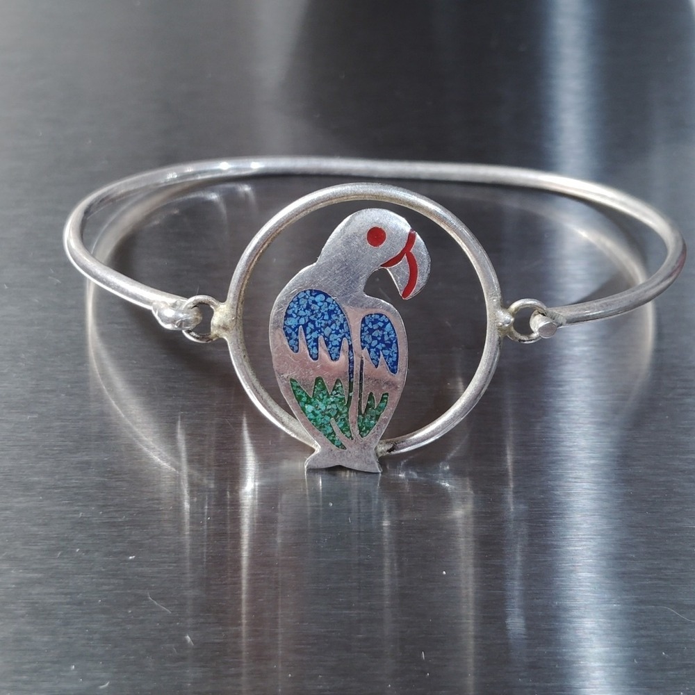 VTG MEXICO ALPACA SILVER PARROT TROPICAL BIRD BRACELET